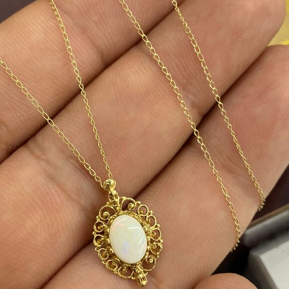 14K Yellow Gold Authentic Necklace Nice White Stone Opal Pearl 15" Cable Link - Picture 3 of 7